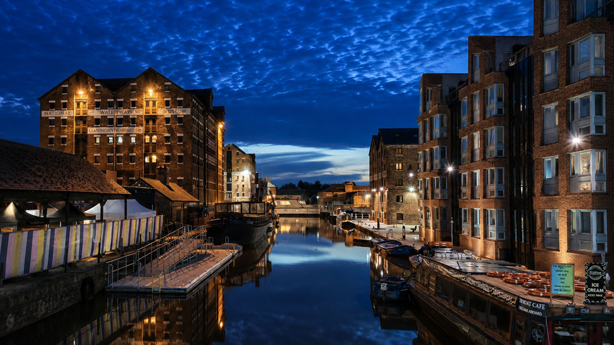 Gloucester Quays waterfront at night